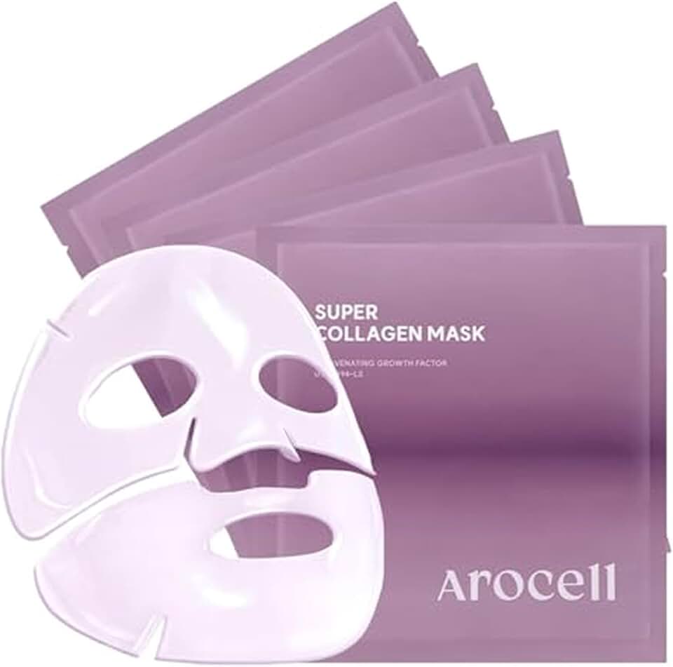 AROCELL OFFICIAL Enfriami - Máscara facial de súper colágeno, paquete de 4, máscaras faciales de hidrogel de doble matriz con colágeno de bajo peso molecular para elasticidad hidratante