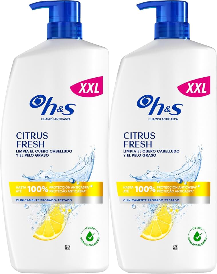 H&S Citrus Fresh Champú Anticaspa para Pelo Graso 2x1000ml, con Dispensador. Hasta 100% de Protección Anticaspa, Clínicamente Probado. Frescor y Limpieza con Aroma a Cítricos, New Version