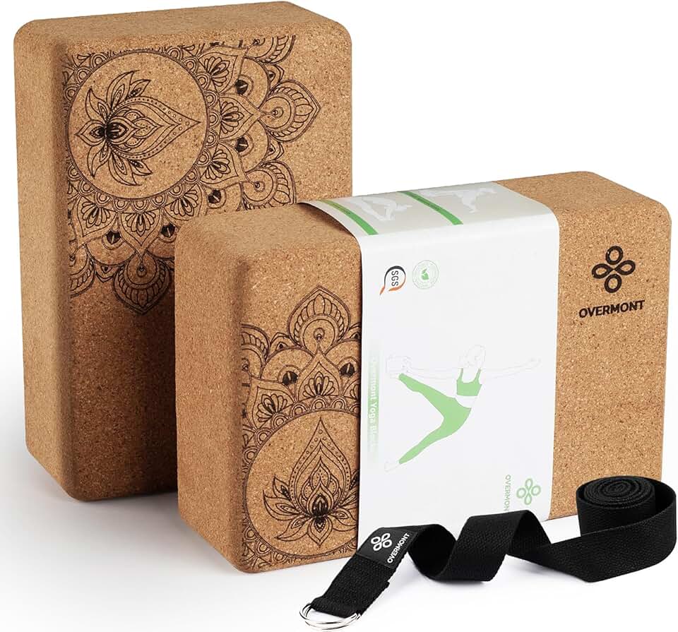 Overmont Baldosas de Yoga de Corcho，2 Yoga Block Natural