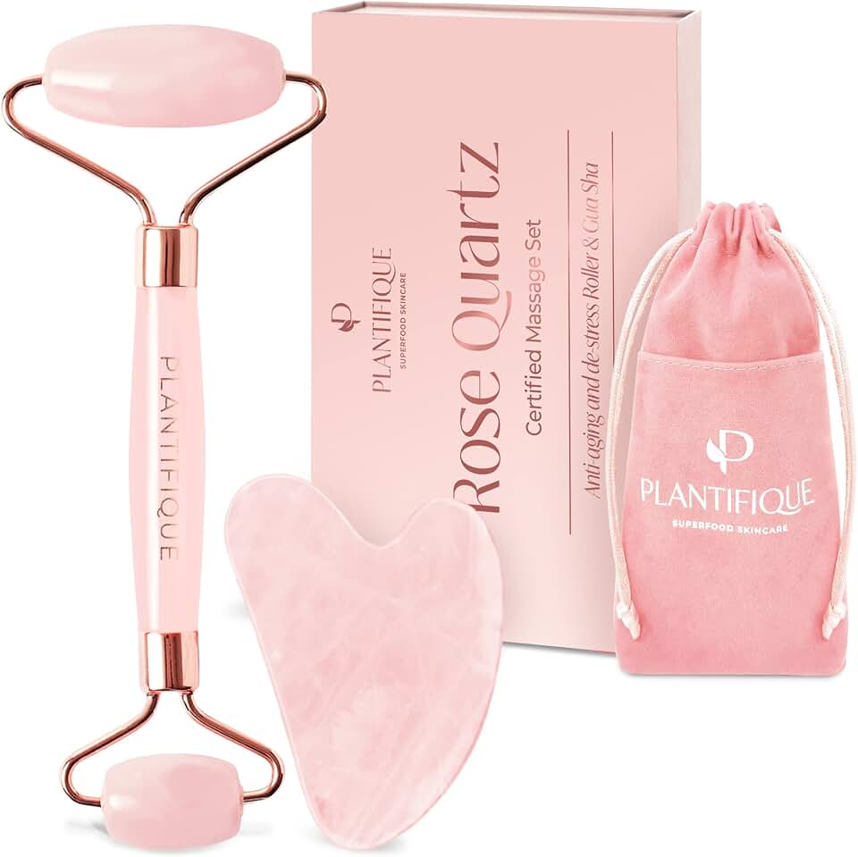 PLANTIFIQUE Gua Sha y Rodillo Facial de Cuarzo Rosa